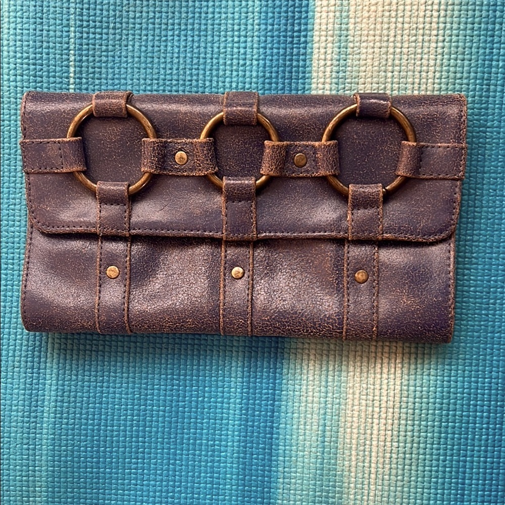 Vintage Blue Leather Clutch with Brass Rings